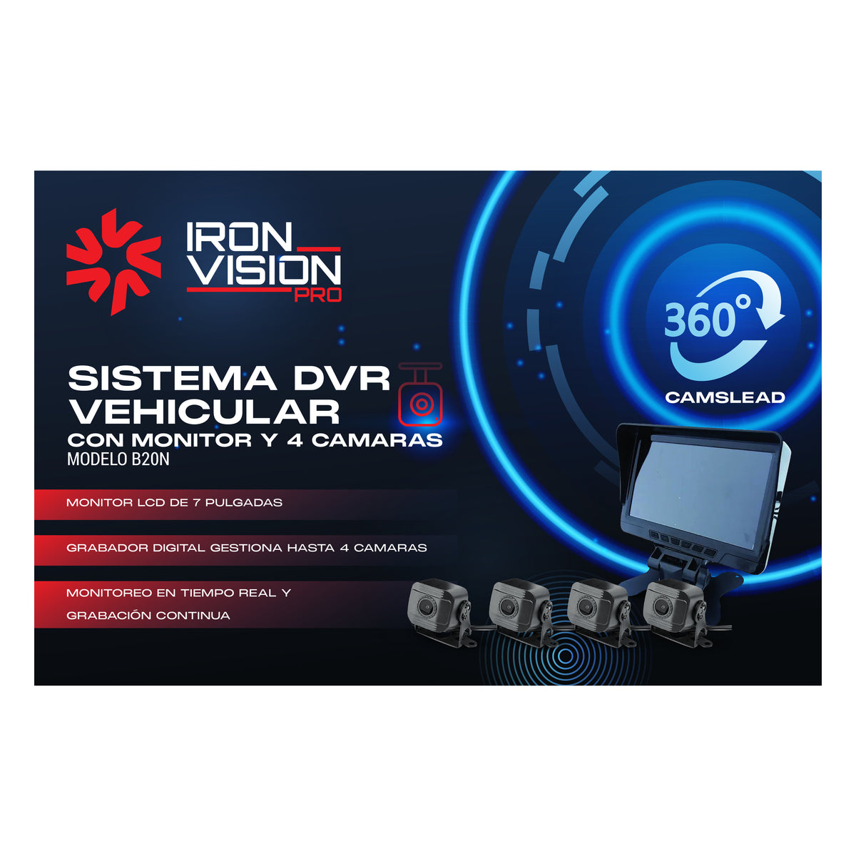Kit DVR para Camión Iron Vision Pro B20N — Monitor 7" y 4 Cámaras