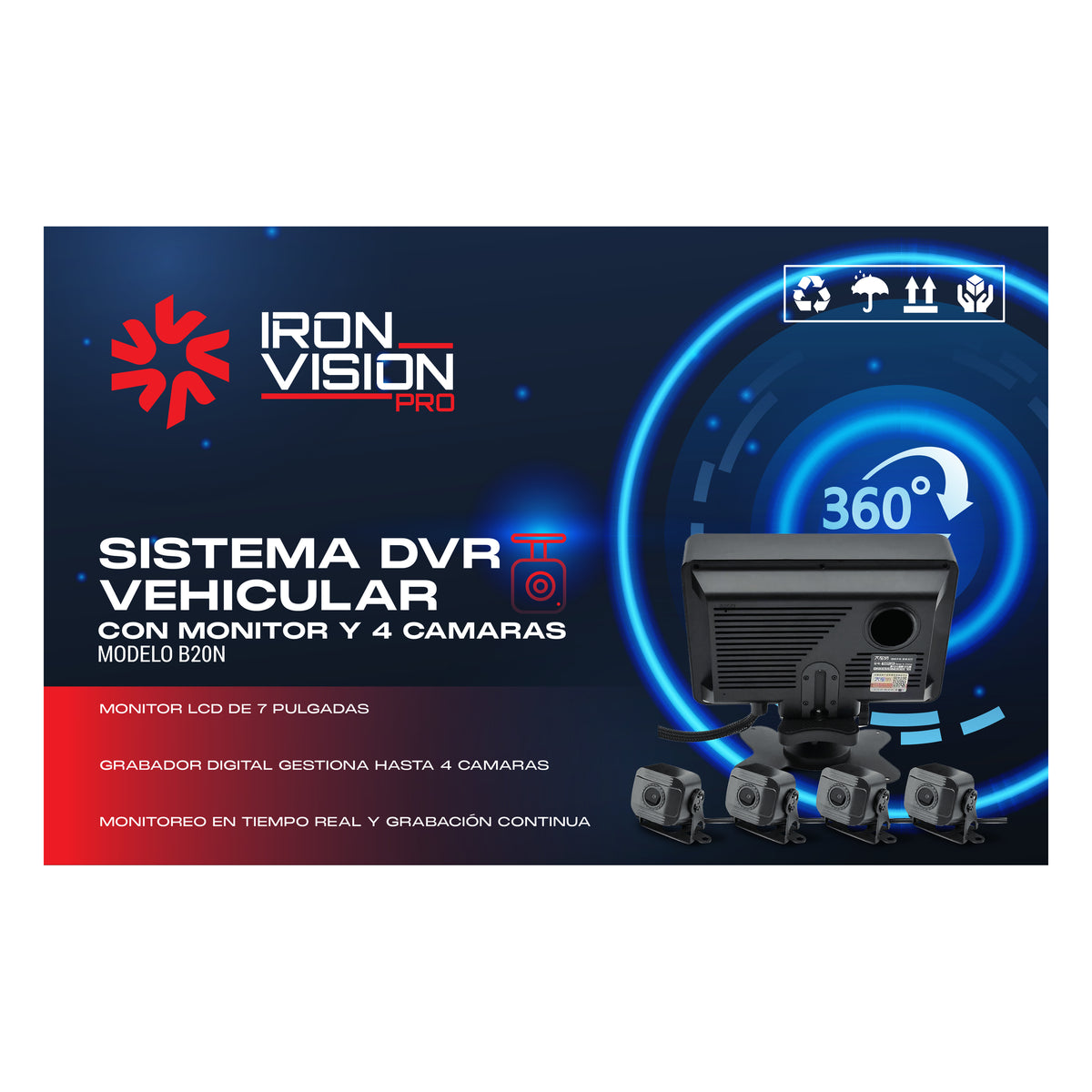 Kit DVR para Camión Iron Vision Pro B20N — Monitor 7" y 4 Cámaras