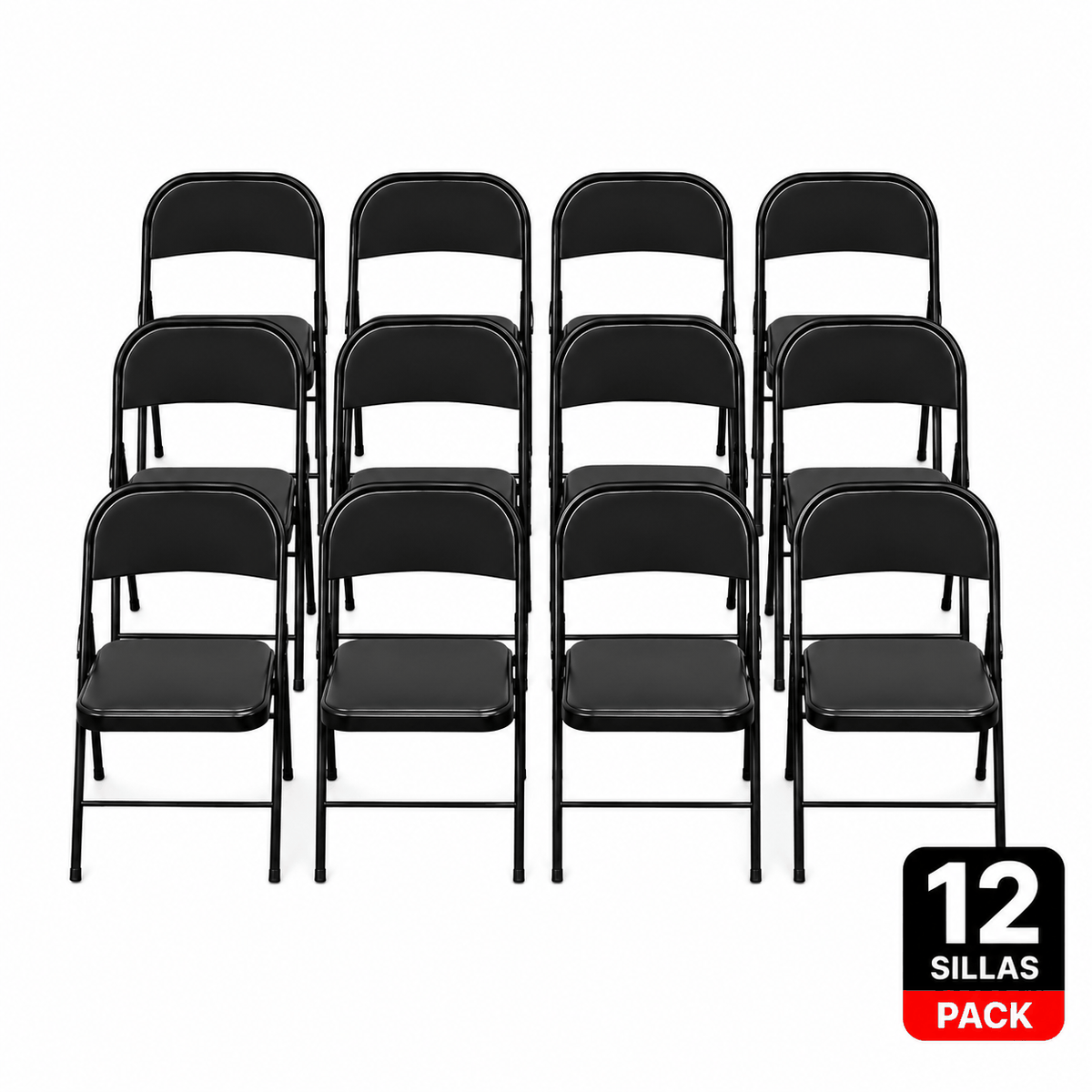 Pack 12 Sillas Plegables Negras de Alta Resistencia — Soportan hasta 150 kg cada una