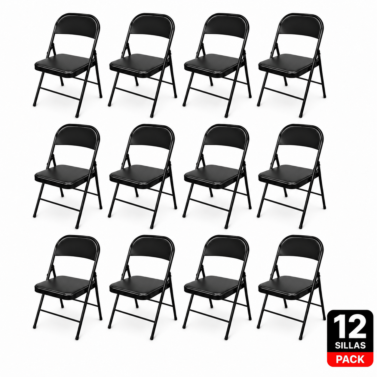 Pack 12 Sillas Plegables Negras de Alta Resistencia — Soportan hasta 150 kg cada una