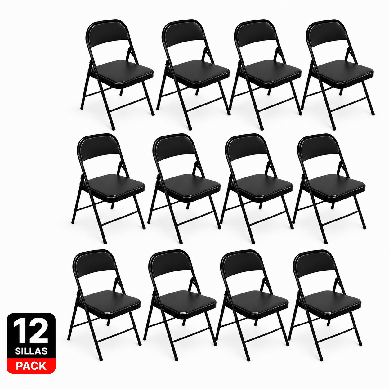 Pack 12 Sillas Plegables Negras de Alta Resistencia — Soportan hasta 150 kg cada una