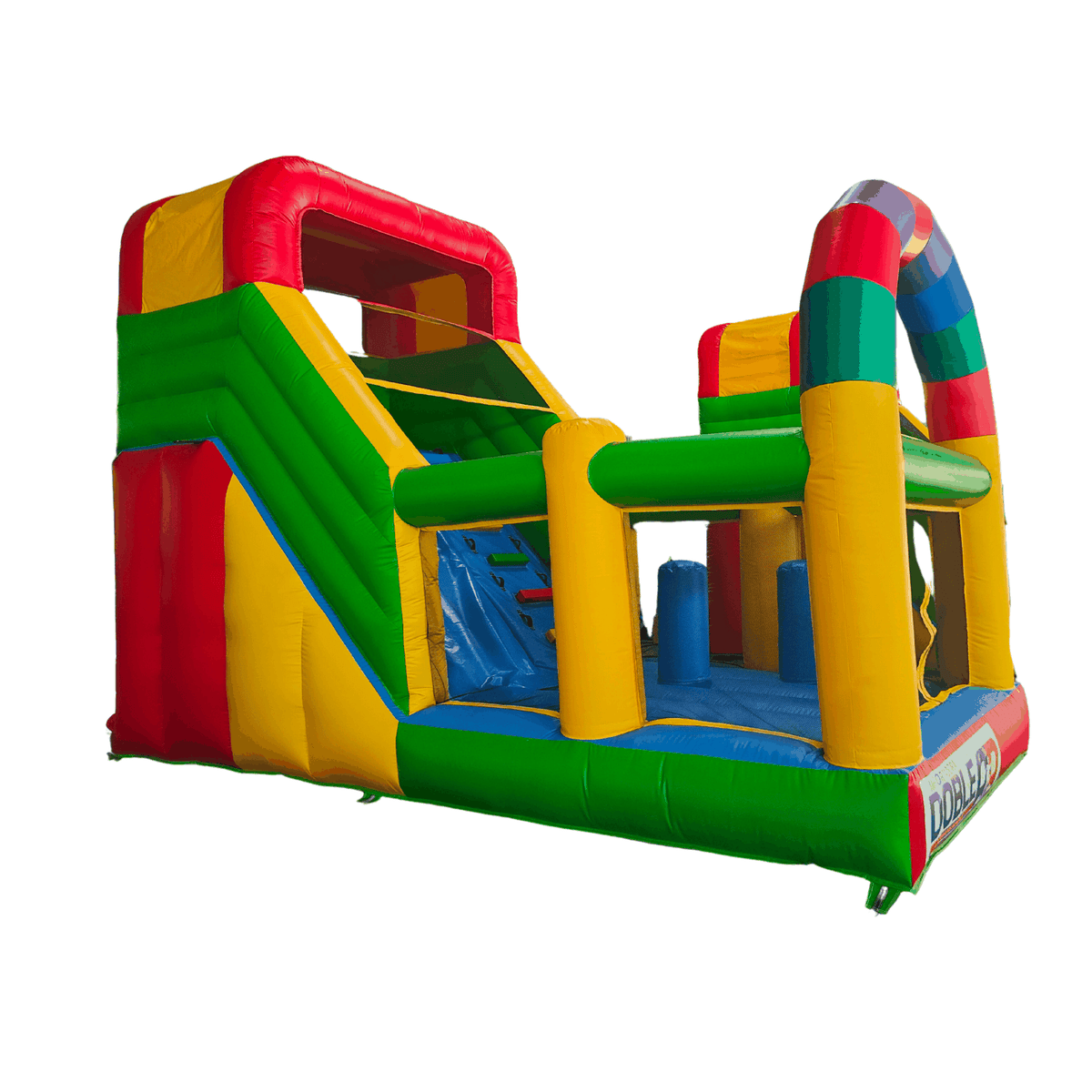 Juego inflable infantil multicolor con resbalín y zona de salto, vista lateral del acceso.