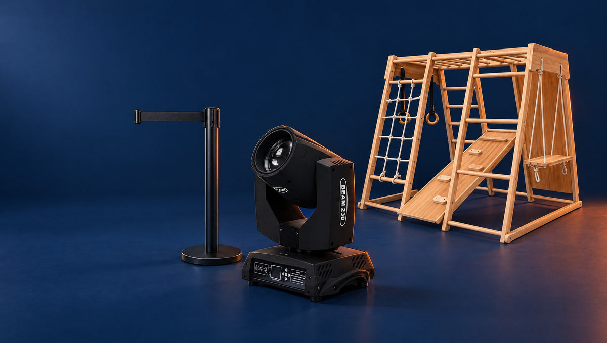 Separador retráctil, luz Beam 230 y juego de madera Climby Play de Importadora Doble A